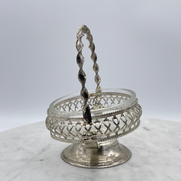 Hand Blown Candy Dish Silver Plate Glass Bowl Nut Rose Basket Twisted Handle - Picture 4 of 7